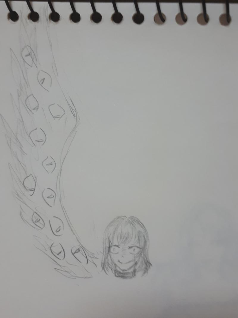 부탁해도 될까 두번째 그림처럼 이마에 눈이 하나 있어 옷은 다른 디자인으로 그려줘도 가면은 디자인을 못해서 못그렸지만 블리치 호로기반 자캐라 오른손 손바닥엔 구멍이 있어