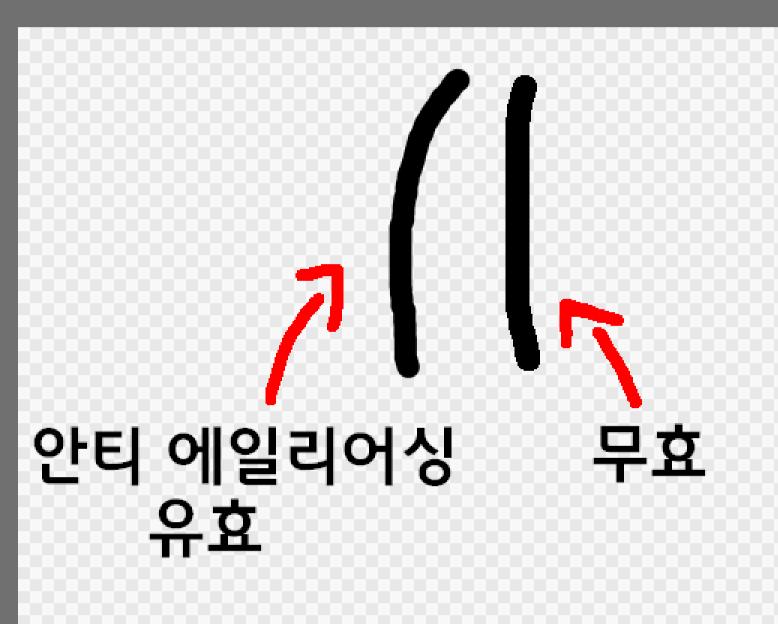 준비물 프로그램 앱을 깔았어 그러면 아무거나 그려 픽셀아트와는 동떨어져보이는 끝으로 갈수록 흐릿하게 바스라지는 듯한 선이 등장할 거야 그러면 이렇게 안티 에일리어싱 앞으로