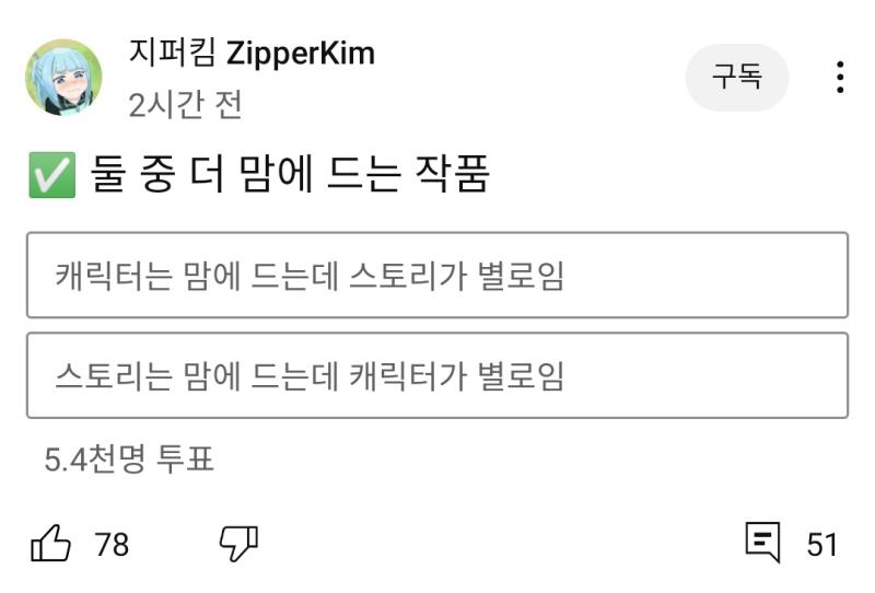의견에 한표 덧붙여서 이건 만화애니 이야기라 조금 비유나 결이 다를수도 있는데 웹소설과 고전명작도 이런 차이이지 않을까 라고 생각해 투표 결과는 압도적으로 후자인데 캐릭터