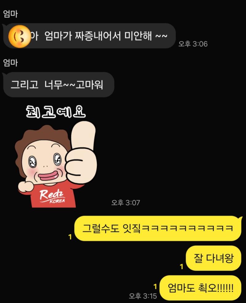 그리고 이건 엄마한테 kakaotalk 원래 싸우면 먼저 웃는 쪽이 이기는 것이므로 다녀오라고 웃어준 나는 복수를 끝마치고 집에 가고 있는데 갑자기 발목에똥파리가올라오 살려줘