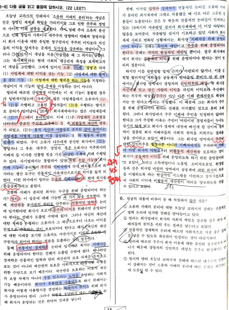 개념의 정의 예시 대조 구조를 파악하면돼 참고자료로 리트지문을 분석한걸 올려두었어 문단을 보면 소유 지배 경영의 정의와 예시를 풀어서 설명하고 있어 여기서 지문은 회사의 소유와